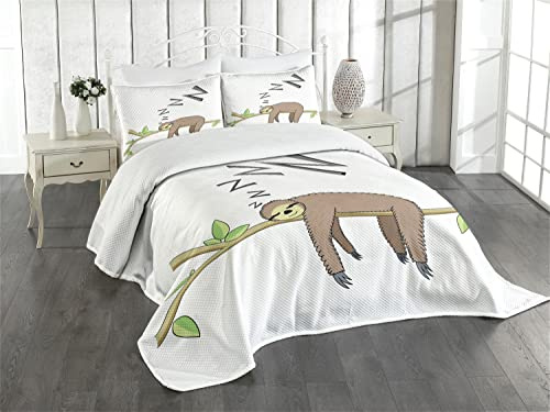 ABAKUHAUS Faultier Tagesdecke Set, Arboreal Säugetier Schlafen, Set mit Kissenbezug Feste Farben, für Einzelbetten 170 x 220 cm, Grau-grün-braun