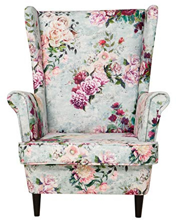 All4All Ohrensessel mit Armlehnen Armlehnesessel Polstersessel Kaminsessel Relaxsessel Skandinavisch Blumenmuster Rosen Blumen Holzfüße Weiß Wenge Nuss Erle Bequem
