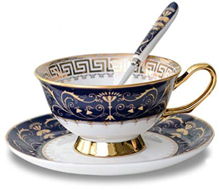 Eplze YBK Tech Euro Style Bone China Cup& Saucer Set, Ceramic Tea Coffee Cup for Home Kitchen Wedding (Royal Pattern- Deep Blue)