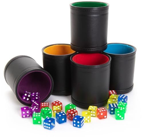Brybelly Dice Set with Dice Shaker Cup - Perfect for Casino Dice Game for Family Leather Dice Cup - Poker Dice Shaker - Multicolor Dice Cups and 25 Multicolor Dice Sets