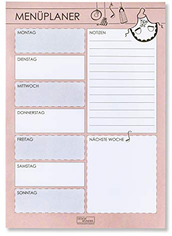 DESIGN WUNDER® Essensplaner zum Selberschreiben A4 [70 Blatt] - Menüplaner Block A4 für die ganze Woche – Essensplan als Wochenplan für Gerichte der Woche (Style)
