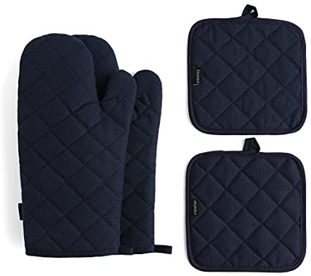 Set di 4 guanti da forno e presine, resistenti al calore, 500 gradi, extra spessi, lunghi, guanti da cucina in cotone per cucinare (30,5 cm, blu scuro)