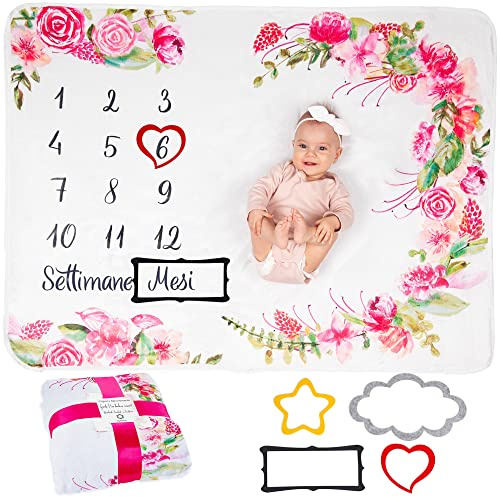 Coperta Mesi Neonato In Italiano | Tappeto Per Maschio O Femmina, Unisex | Tema Fiori E Foglie | Regalo Baby Shower Personalizzato Per Neomamme | Incluse Cornici