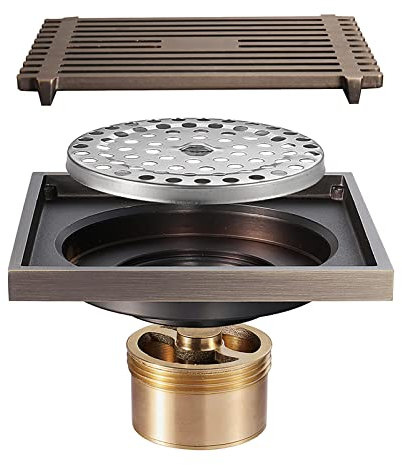 Ksunun Scarico a Pavimento Quadrato Piletta Doccia Ottone Deodorante Scarico Pavimento 100 x 100 mm Piletta Doccia a Pavimento con Copertura Quadrata Rimovibile,Bronzo
