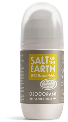 Déodorant naturel à bille Salt of the Earth - Ambre et bois de santal - Rechargeable, vegan, certifié Leaping Bunny, fabriqué au Royaume-Uni - 75 ml