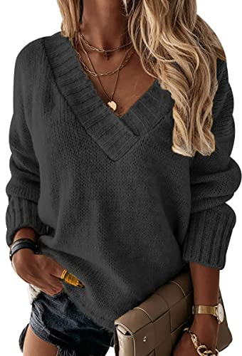 Pull Grosse Maille Femme Col V Pull Tricot Oversize Femme Pullover Pull Tricoté Ample Torsade Femme Grande Taille Hiver Pulls Pull-Over Torsadé Manche Longue Chaud Vintage Large Sweater Femme Gris XL
