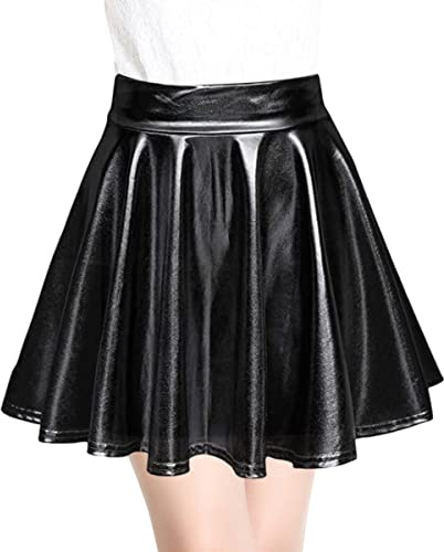 SamHeng Femme Jupe Patineuse Extensible Métallisée Métallisée Shiny Mini Jupe Taille Haute, pour Femmes et Filles-Noir