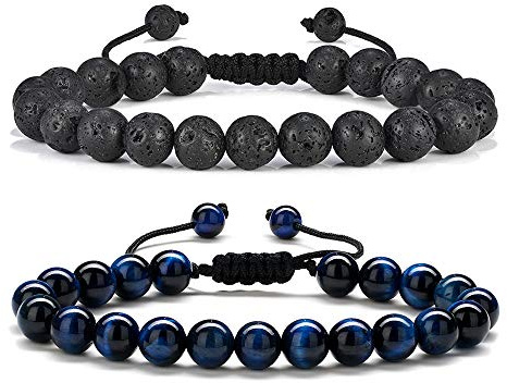 TINGN Herren Armband - Schwarze Lavastein Perlen, Verstellbar - Inspirierendes Geschenk für Männer