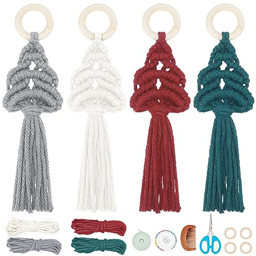 INFUNLY 4 Set DIY Makramee-Weihnachtsbaum-Set, Boho-Makramee-Sets Für Erwachsene, Gewebte Makramee-Wandbehänge, Ornamente-Sets Für Erwachsene Mit Anleitung Und Video, Weihnachtsdekoration