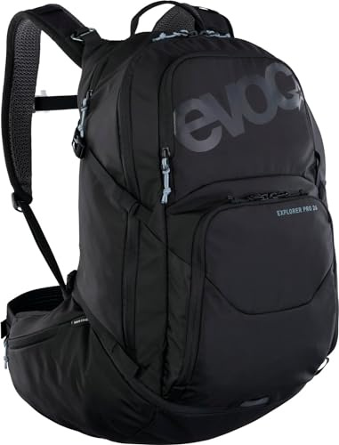EVOC EXPLORER PRO, Rucksack (optimale Passform, AIR FLOW CONTACT SYSTEM, AIRO FLEX Hüftgurt, inklusive Trinkblasenfach für Trinkblasen und Regenhülle, angenehmer, hochwertiger Daypack)