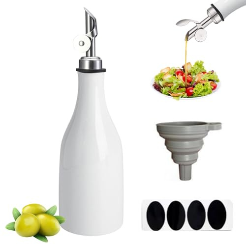 Qivine 300ml Ölflasche mit Ausgießer, Tropffrei Keramik Essig und Ölflaschen Set, Olivenöl Flasche mit Trichter & Etikett, für Küche und BBQ, Einfacher Stil (Weiß)