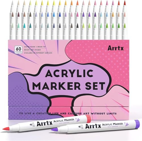 Arrtx Acrylmalstifte 60 farben, Pinselspitze Acrylstifte für Steine Wasserfest Felsmalerei, Glas, Stein, Holz, Keramik, Stoff, Leinwand, Porzellan, Metall usw