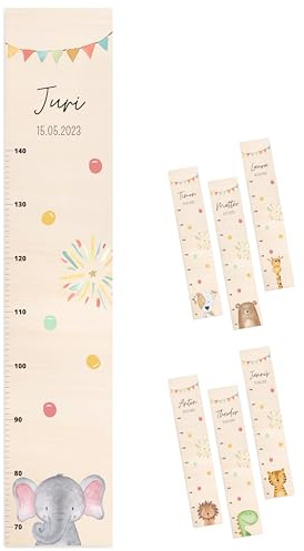 wunderwunsch® - Personalisierte Messlatte Kind Holz zum Kleben oder Aufhängen - Skala 70-140cm - Süße Dekoration für Baby- & Kleinkinderzimmer (Elefant)