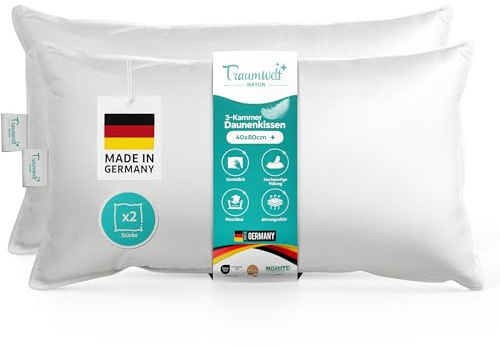 Traumwelt Natur Made in Germany 3-Kammer Daunen Kopfkissen 40x80 cm, weiß, Allergiker geeignet, Öko-Tex 100 Klasse 1 Zertifiziert, Downpass (2 Stück)