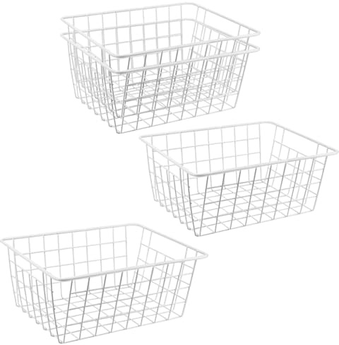 DAKFOOK 4 PCS White Wire Storage Baskets, 28 x 22 x 12cm Metal Freezer Baskets, Stackable Pantry Organizer Storage Basket for Bathroom, Office, Pantry, Freezer, Closet, Shelf