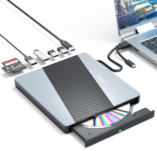 Alxum DVD Drives for Laptop - USB 3.0 & Type-C CD/DVD RW ROM Burner Rewriter with SD/TF Slot & USB Ports DVD 8X CD 24X Slim Optical Disc Drive DVD Player for Desktop/Windows/Linux/Vista/Imac/Macbook