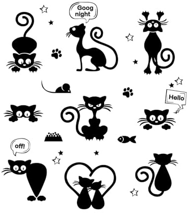 Katzen Wandtattoo, Lustige selbstklebende Wandaufkleber mit Katzenmotiv, wandtattoo wohnzimmer, Wandaufkleber mit schwarzen Katzenmotiven eignen sich für Lichtschalter und Steckdosen