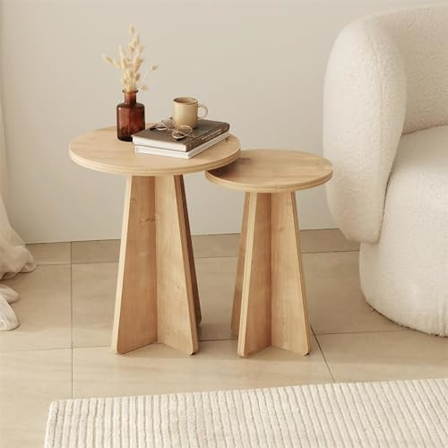 FAWdecor Modern Round Side Table, Nesting Wooden Coffee Tables, Oak Coated Chipboard Wood End Table, Mid Century Set of 2/3 Living Room Mushroom Tables (Set of 2)
