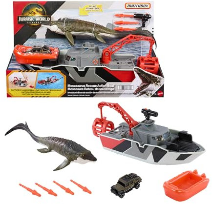 Mattel Jurassic World: Die Wiedergeburt Matchbox RC Spielzeug-Truck, ferngesteuertes batteriebetriebenes Fahrzeug mit Dinosaurierfigur, ferngesteuerter Dinofänger und Käfig für den Transport, JHB67