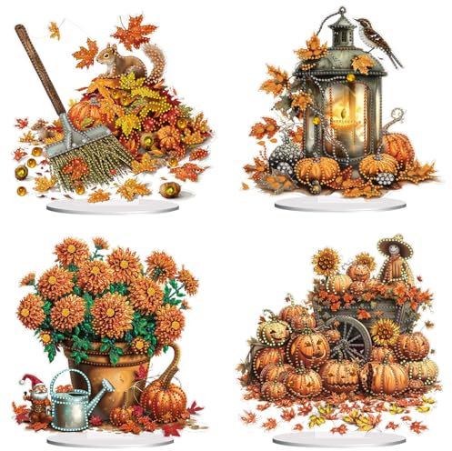 Lebartm 4Stück DIY Diamant Herbst Desktop Ornament Speziell geformter Kristall Diamant Kunst Malerei Tischdekoration Doppelseitiges Muster Einseitiger Diamant Heimdekoration