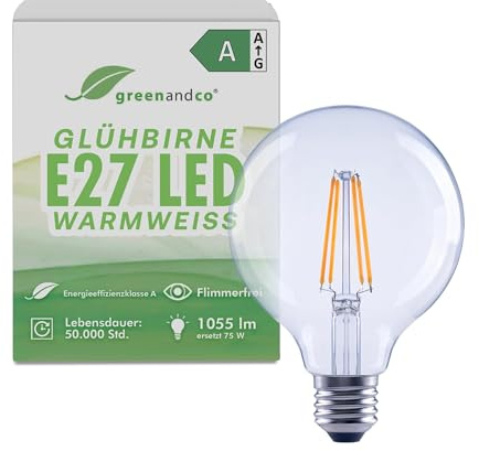 greenandco Lampadina a filamento LED | trasparente | E27 G95 | 5W 1055 lm | sostituisce 75W | 2700 K bianco caldo | 320° | 230V | senza sfarfallio | Classe energetica A | non dimmerabile