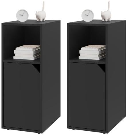 WOLTU 2er Set Nachttisch schmal, Beistelltisch mit offenem Fach und Tür, Verstellbarer Ablage, 25x62x35 cm, Nachtschrank Bett, Nachtkästchen Nachtkommode modern, für Schlafzimmer, Schwarz, NTS16sz-2