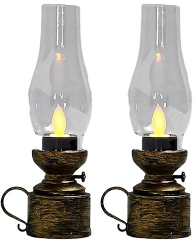 Lámpara de queroseno de aceite, 2 piezas, linterna de aceite vintage parpadeante sin llama, lámpara de huracán de 7x2 pulgadas con mango, lámpara de aceite de PP con batería, lámpara de aceite vintage