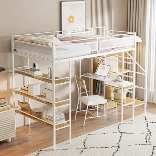 Kebnor Hochbett, dreilagiges Ablageregal, Schreibtisch, Kleiderschrank, Sicherheitsstufen mit Ablagefach, hohes Zaundesign, Eisenbett, Einzelbett (Weiß, 90 * 200cm)