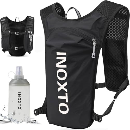 INOXTO Running Hydration Vest ,Lightweight Insulated Pack with 250ml Soft Flask Daypack for Hiking Trail Running Cycling Race Marathon for Women Men (Black White, Standard)
