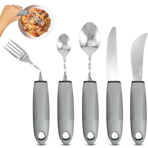 Parkinson Besteck, 5 Stück Adaptives Besteck Set, Biegsames Besteck- Tragbare Utensilien Bestecke, Bestecks fuer Parkinson Senioren Behinderte, Behinderten Esshilfen Bestecks Rutschfeste Griffe