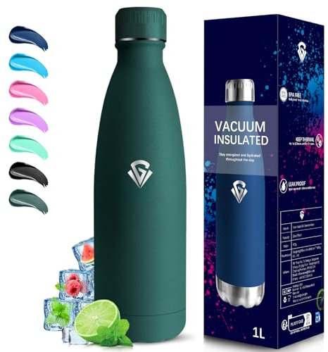 Grsta Borraccia- 1 litro- Borraccia Termica, Senza BPA, Borracce Termiche, Senza Perdite, Borraccie Acciaio Inox, Isolato Sottovuoto, Borracce per Fitness, Viaggio, Corsa, Escursionismo, Campeggio