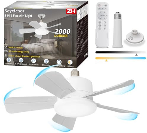 Seyxicnor Socket Ceiling Fans Light with Remote, Screw in Ceiling Fan 2000LM, 6 Wind Speeds, 3 Colour Dimmable, Quiet Light Bulb Fan with Extender Rods & for Bedroom, Kitchen, Garage