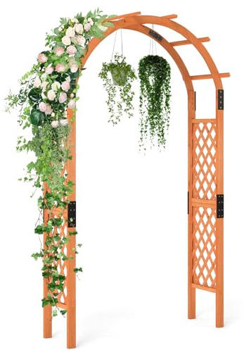 GOPLUS Arche de Jardin en Bois de 235 cm, Treillis Jardin en Bois Massif avec Toit Arqué et Treillis Latéral, Clôture en Treillis Robuste, Pergola Décorative pour Patio, Pelouse,132 x 45,5 x 235 CM