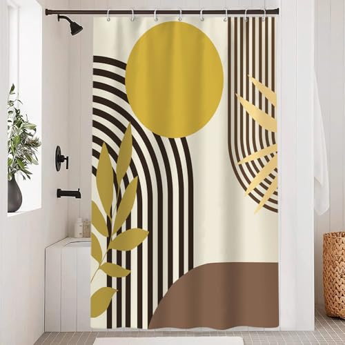 Uiiooazy Duschvorhang 120x200cm Anti Schimmel Braun Abstrakt Boho Khaki | Duschvorhang Gelb Blätter Ingwergelb Sonne Wasserdicht Stoff Polyester Waschbar Bad Vorhang mit 8 Haken für Badezimmer