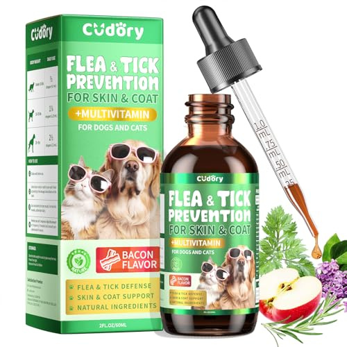 Oral Flea & Tick Liquid Drops for Dogs and Cats, Natural Flea and Tick Defense with Multivitamin for Pets - Supports Skin & Coat - Herbal Drops All Breeds and Sizes - Bacon Flavor