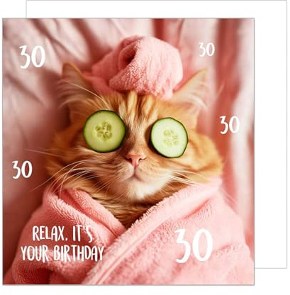 Edition Seidel Biglietto di auguri per il 30° compleanno con busta, biglietto di auguri con scritta in inglese Happy Birthday uomo donna palloncini gatto (GQ475 SW025)