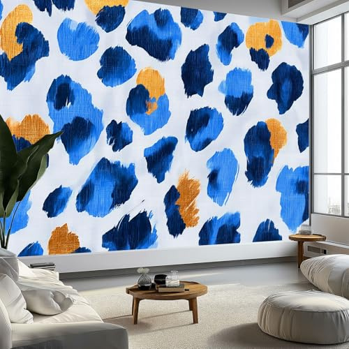 Vlies Fototapete Traditionelle Kunst Tapete 450 x 315 cm (B x H), Moderne Vliestapete 3d Effekt Wand Dekoration Ölfarbe Blau Leopardenmuster Motivtapeten Wandtapete Wohnzimmer Restaurant Kinderzimmer
