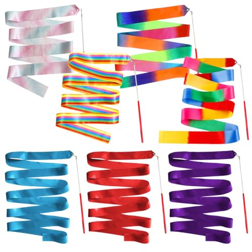 Dhisperares 7 Stück Tanzband 2 m,Gymnastikband mit Stab, Schwungband Rhythmische Sportgymnastik,Turn Band zum Tanzen Turnen, Tanzbänder, Stab mit Band,Tanzstab Gymnastik für Zirkus, Spielspaß