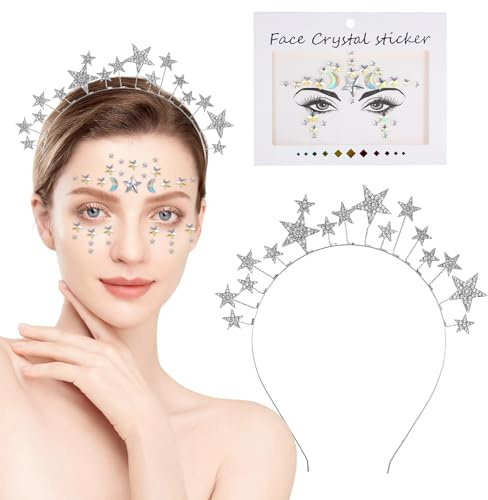 Sterne Haarreif Silber Sterne Stirnband Strass Haarband Gesichtstattoo,Karneval Fasching Dekoration Geeignet für Karnevalspartys, Geburtstagsfeiern und Kostümfeste