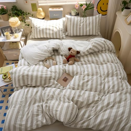 MOTNTD Brown Striped King Size Duvet Cover Boho Pattern King Comforter Cover Lightweight Stripe Dorm Room Farmhouse Duvet Cover Set with Pillowcases Teen Boy Bedding Washed Microfiber Duvet Protector