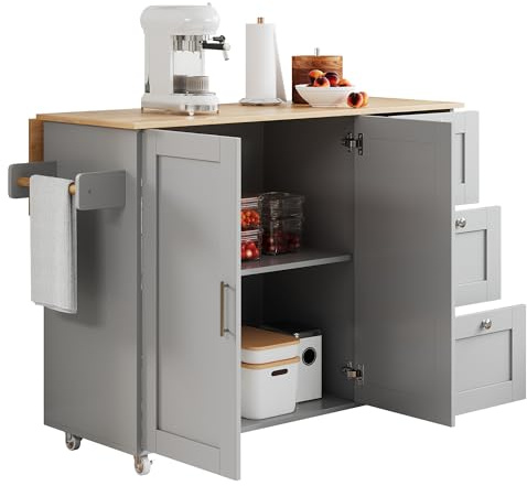 BTM Kitchen Island On Wheels Rolling Storage Trolley with Foldable Worktop Kitchen Storage Dining Room Cabinet With Drawers, Grey