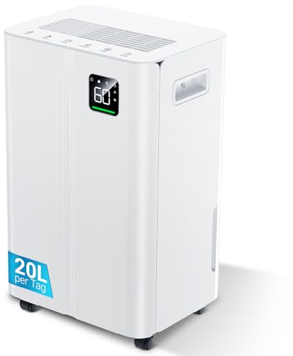 Luftentfeuchter Elektrisch 20L/Tag, mit Feuchtigkeitssensor und LED Display, 24-Stunden-Timer, 3 Entfeuchtungsmodi, geeignet für den Schlafzimmer Büro Keller, Kontinuierliche Entwässerung, weiß