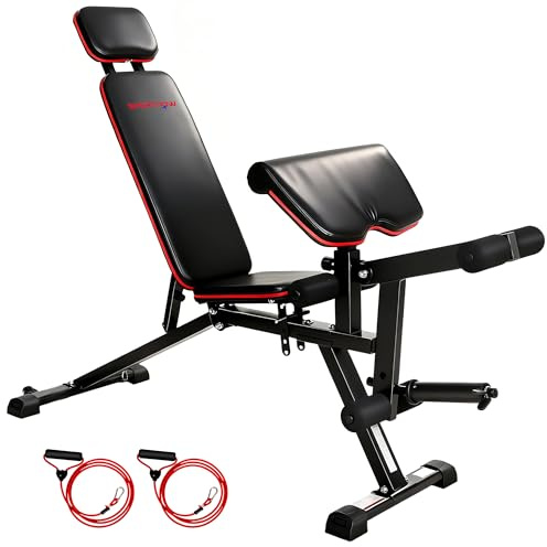 SPORTNOW Hantelbank Verstellbar 300 kg 3 in 1 Trainingsbank Schrägbank | Mit Rollen, Beinstrecker, Curlpult, Langer Kopfstütze, Widerstandsbändern, Fitnessbank, für Home Gym Zuhause