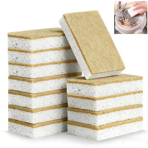 Eco Washing Up Sponges 12 Pack, Natural Biodegradable Compostable Cellulose & Sisal Scourers, Non-Scratch Kitchen Scrub Cleaning Sponges for Dishes, Pots, Pans, Cookware