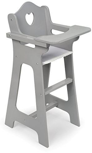 Badger Basket Executive Doll High Chair - Wooden Toy Chair with Liftable Tray, Fabric Seat Trim, and Realistic Design - Fits 18 Inch Dolls and More - Gray and White
