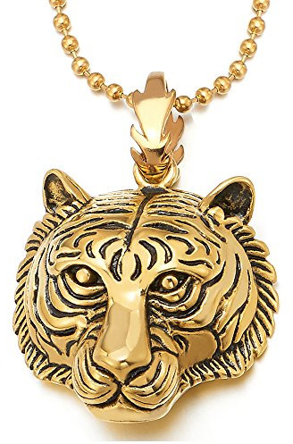 COOLSTEELANDBEYOND Stainless Steel Mens Women Gold Color Tiger Head Pendant Necklace with 30 inches Ball Chain