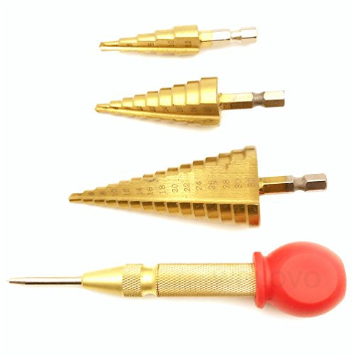 Sechskantschaft Stufenbohrer, 3 Stück Hochgeschwindigkeitsstahl-Stufenbohrer (4–12 mm, 4–20 mm und 4–32 mm) Durchmesser, Präzisionsbohrer, titanbeschichteter Kegelbohrer mit automatischem Körner