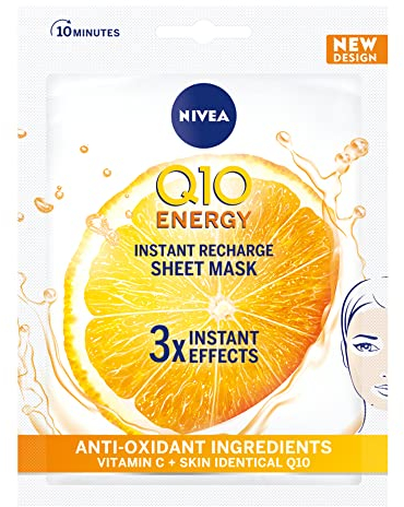 NIVEA Q10 + C Power Anti-Wrinkle + Energy Sheet Mask (1 Piece), Anti Ageing Moisturiser Mask with Vitamin C, Face Mask with Coenzyme Q10, Anti Wrinkle Cream Mask