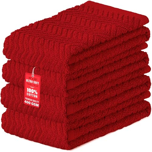 DecorRack 100% Cotton Kitchen Towels, 15 x 25 Absorbent Dish Towels [Premium Quality 400 GSM] Red (Pack of 4)