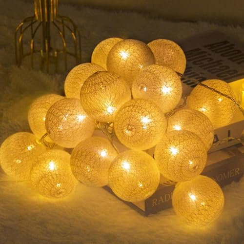 Fairy Lights LED String Lights Plug in Indoor - 3.8M 20 Pcs Cotton Ball String Lights White Xmas Fairy Lights Starry Wall Light Wedding Party Home Christmas Decoration（Pale Yellow）